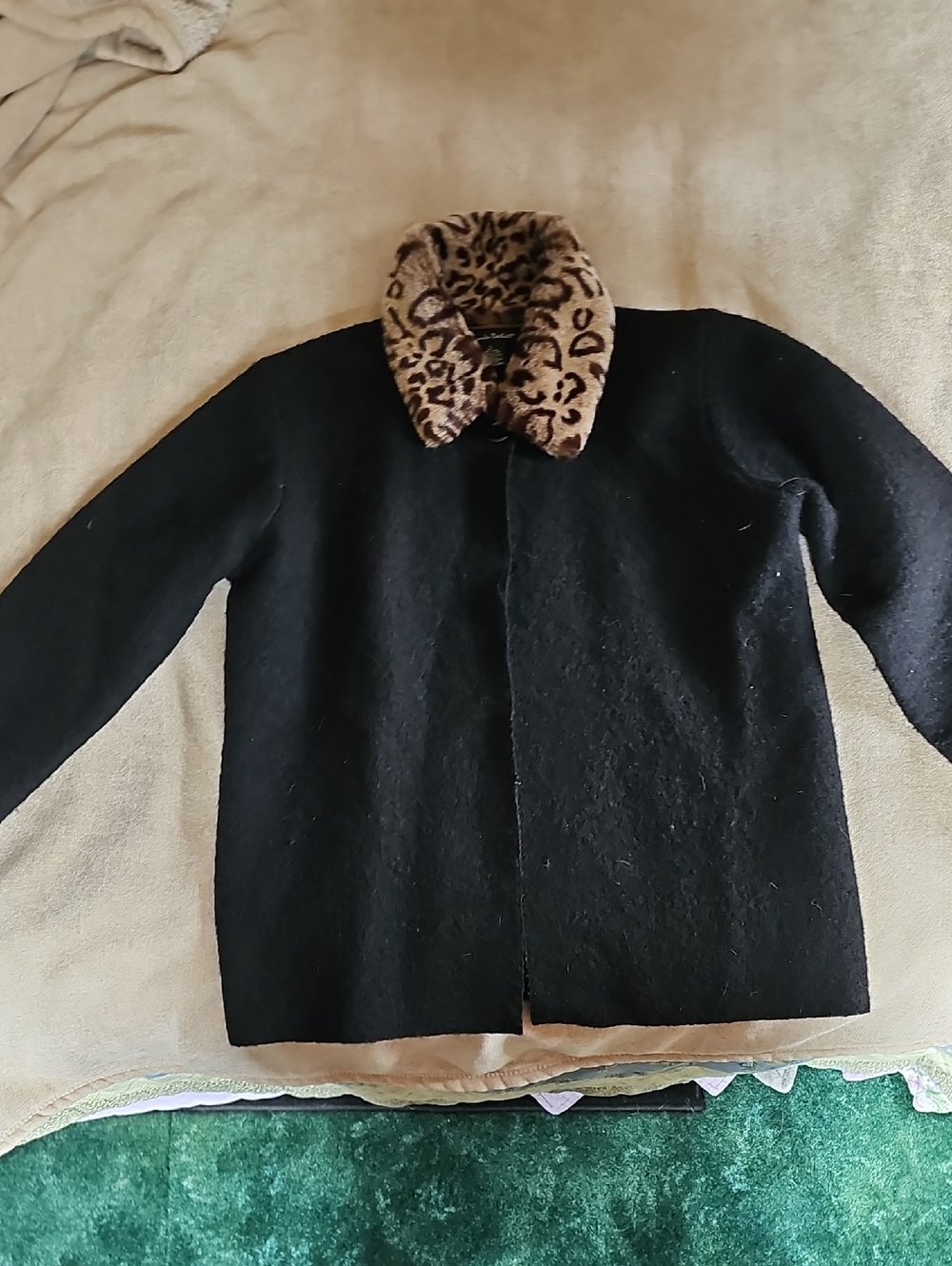 Alexandra Bartlett Vintage Black Coat with Leopard Faux Fur Collar